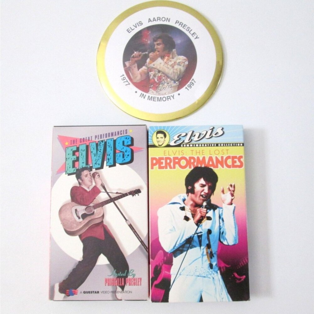 Vintage Elvis Presley Lot Large Standing Button & 2 VHS Performances Tapes